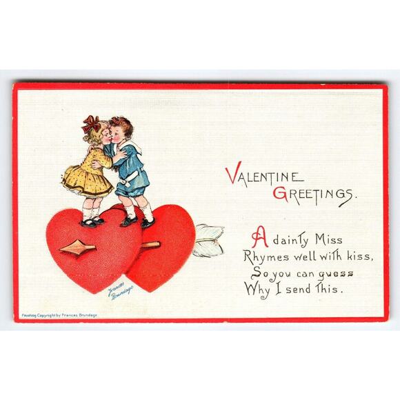 Frances Brundage Valentine Postcard Kids Kissing On Hearts 414 Gabriel Signed - Picture 1 of 2